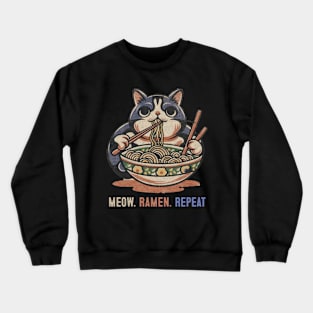 Meow Ramen Repeat Anime Cat Eating Ramen Manga Kitty Crewneck Sweatshirt